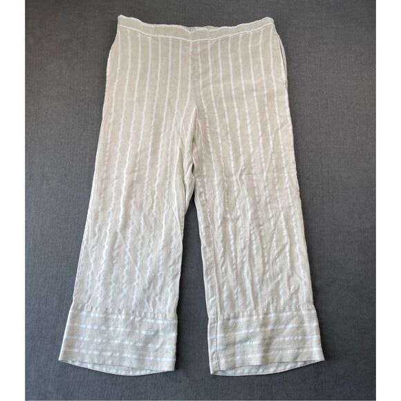 Loft Linen Blend Wide Leg Pants Womens L Beige White Striped Soft Flowy Coastal - Picture 1 of 11